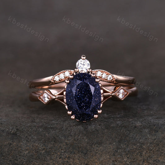 Vintage Blue Sandstone Engagement Ring Set Oval cut Engagement Ring Unique Art Deco Moissanite Stacking Matching Band Bridal Promise Set