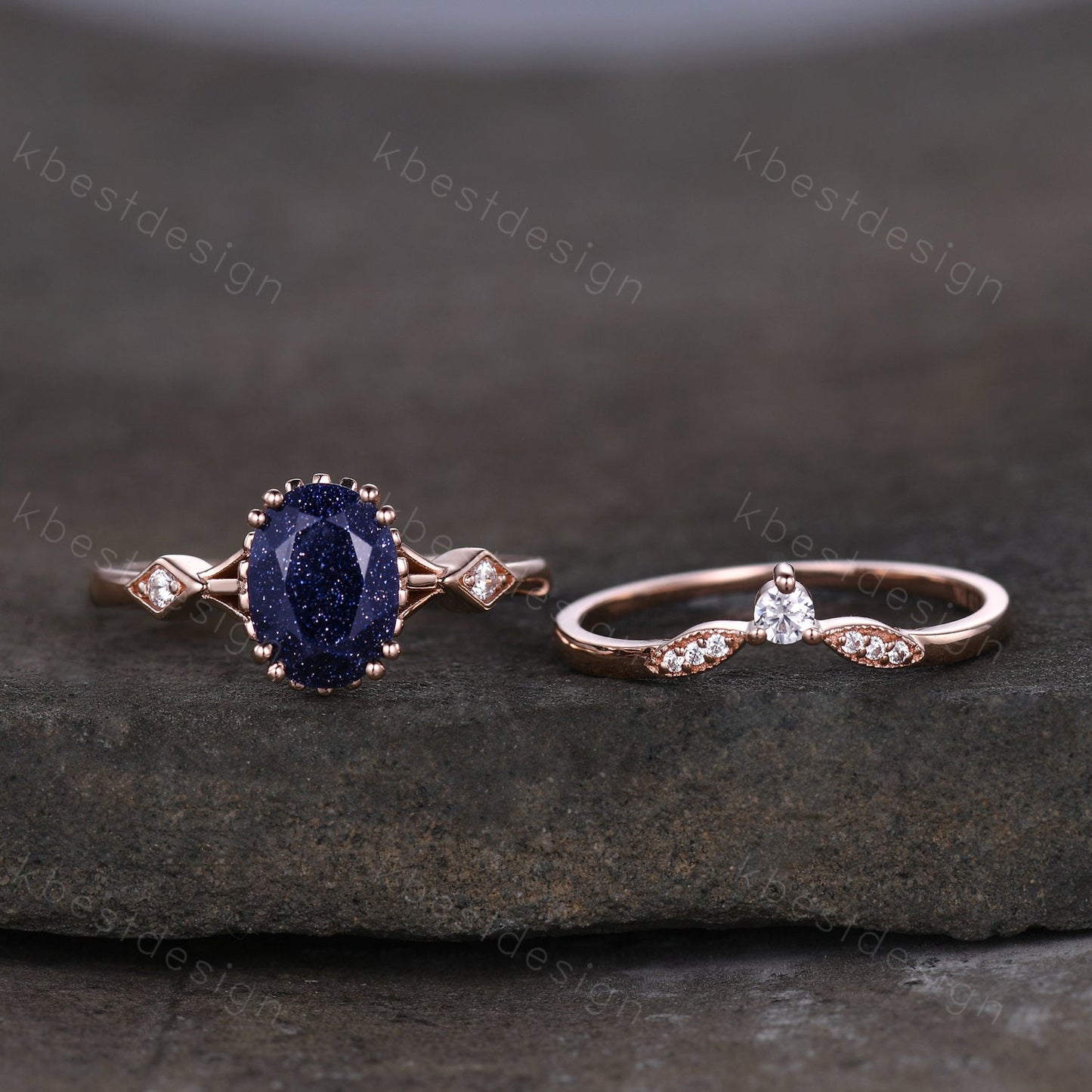 Vintage Blue Sandstone Engagement Ring Set Oval cut Engagement Ring Unique Art Deco Moissanite Stacking Matching Band Bridal Promise Set