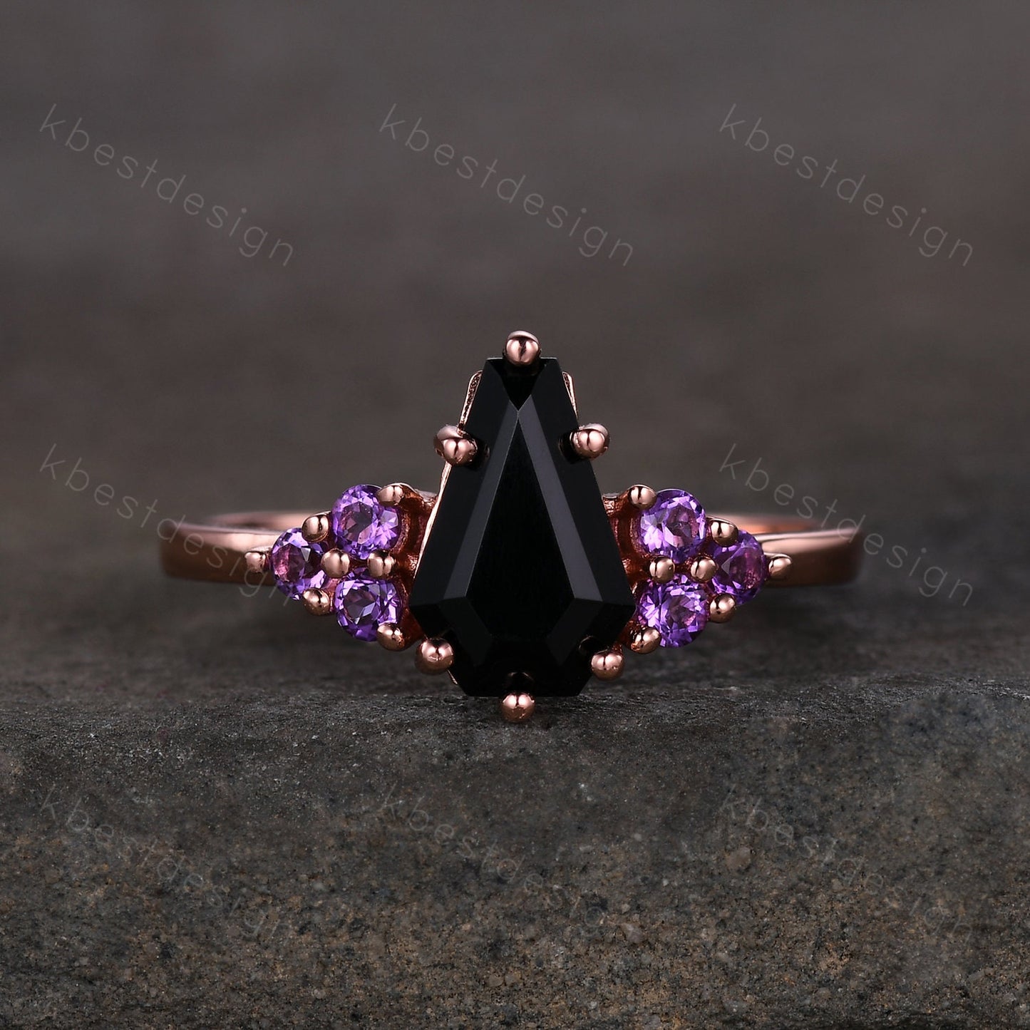 Black Onyx Engagement Ring Sterling silver ring Vintage coffin shaped ring Unique Amethyst cluster wedding ring Promise anniversary ring