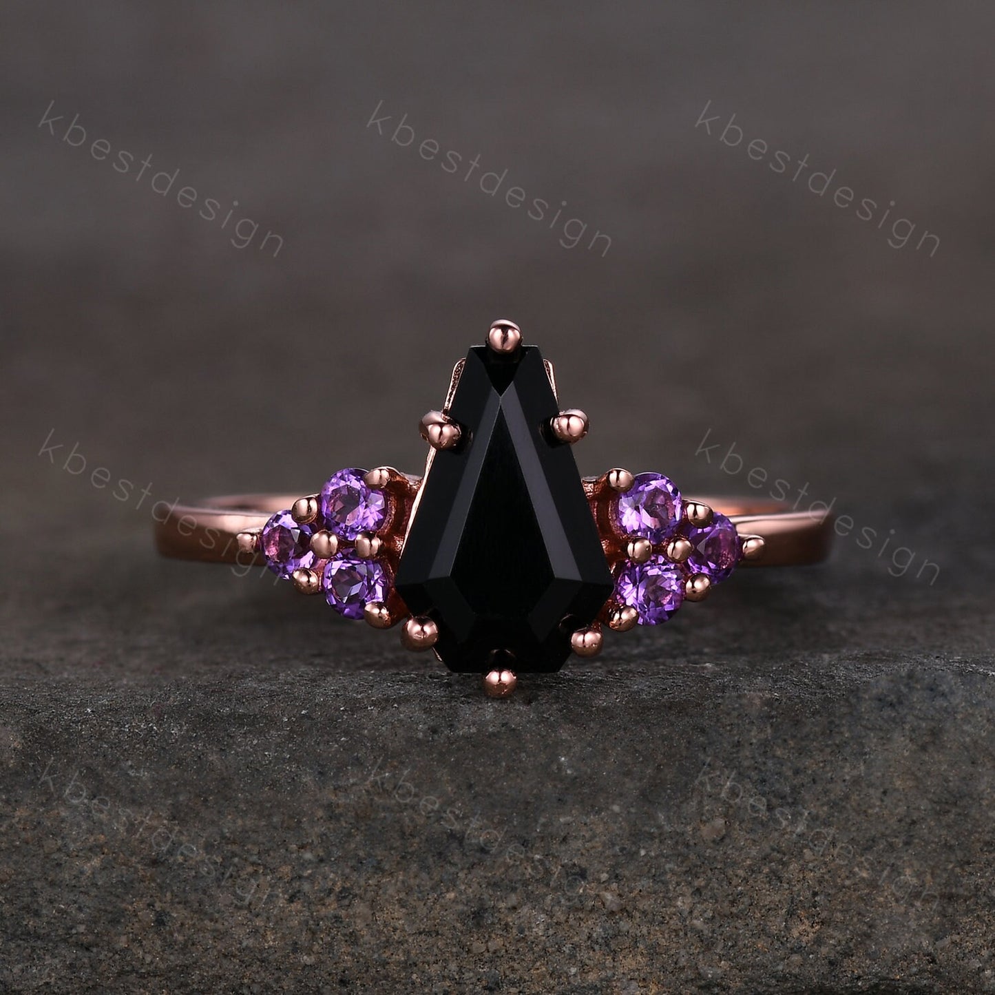 Black Onyx Engagement Ring Rose gold ring Vintage coffin shaped ring Unique Amethyst cluster wedding ring Promise anniversary ring