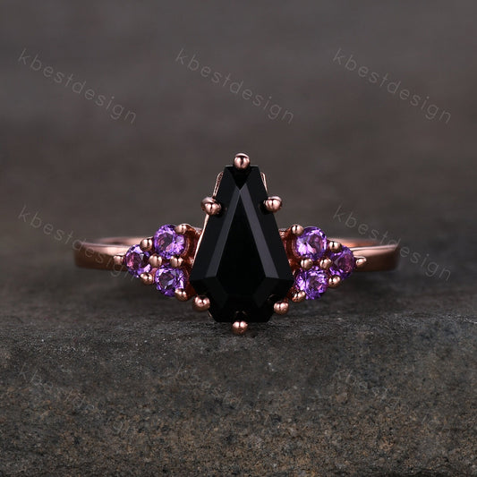 Black Onyx Engagement Ring Rose gold ring Vintage coffin shaped ring Unique Amethyst cluster wedding ring Promise anniversary ring