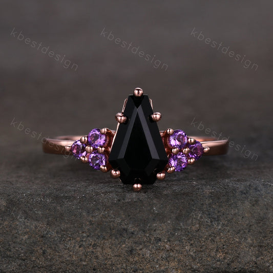 Black Onyx Engagement Ring Rose gold ring Vintage coffin shaped ring Unique Amethyst cluster wedding ring Promise anniversary ring