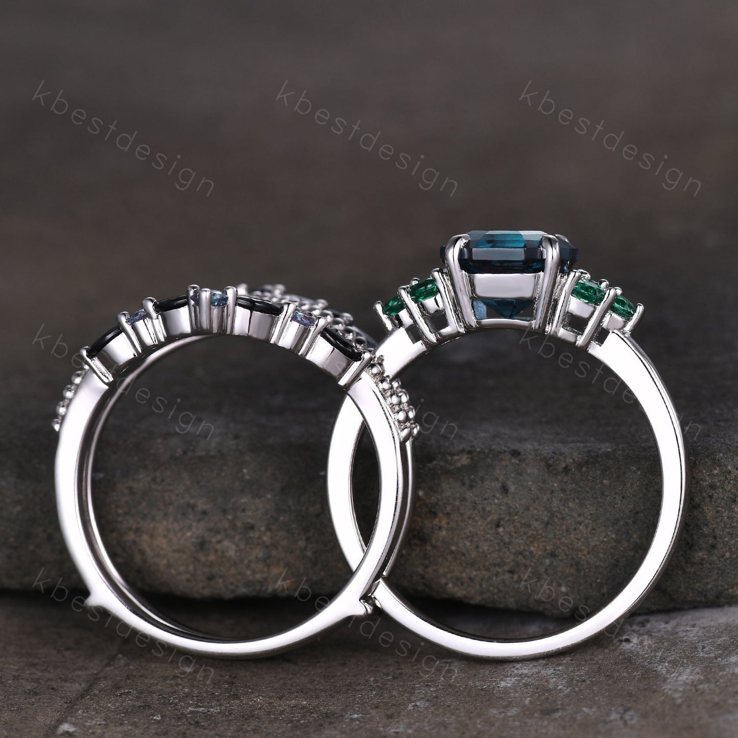 Antique Alexandrite Engagement Ring Set Asscher cut Engagement Ring Unique Art Deco Black Spinel Stacking Matching Band Bridal Promise Set