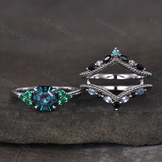 Antique Alexandrite Engagement Ring Set Asscher cut Engagement Ring Unique Art Deco Black Spinel Stacking Matching Band Bridal Promise Set