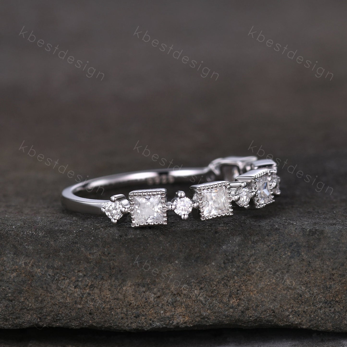 Princess cut Moissanite Wedding Band Unique Half Eternity Stacking Band Silver Moissanite Ring Women Matching Band Promise Anniversary Ring