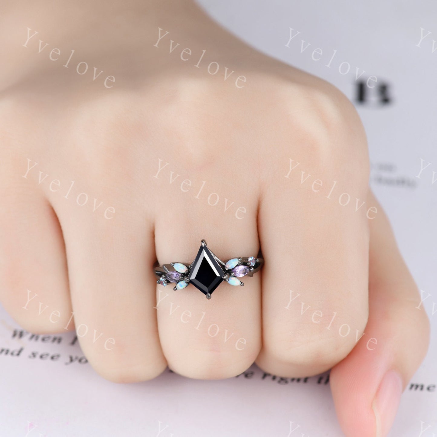 3PCS Vintage Kite Black Onyx Engagement Ring Set,Black Gold,Vines Amethyst Opal Ring,Women Bridal Ring Set,Unique Twig Promise Ring Gift