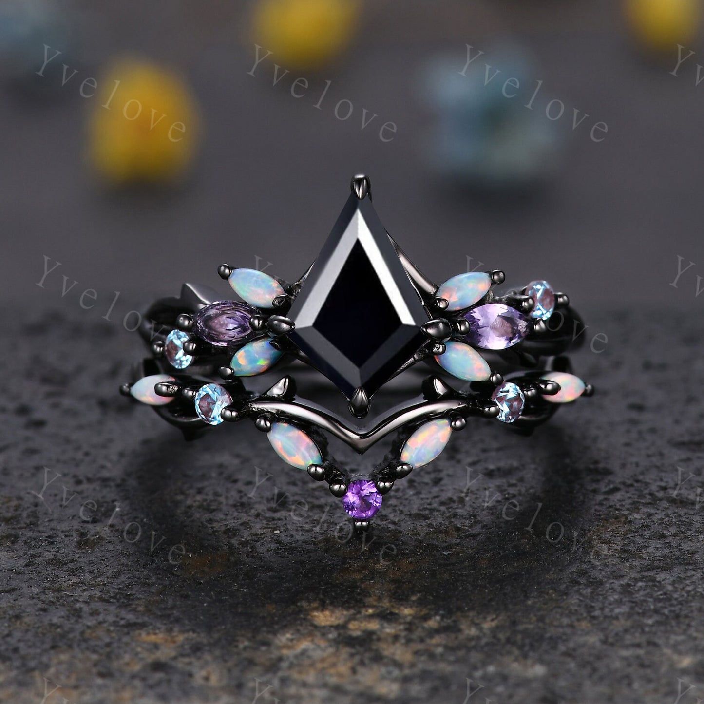 Vintage Kite Black Onyx Engagement Ring Set,Silver Band,Vines Amethyst Opal Ring,Women Bridal Set,Unique Twig Anniversary Promise Ring Gift