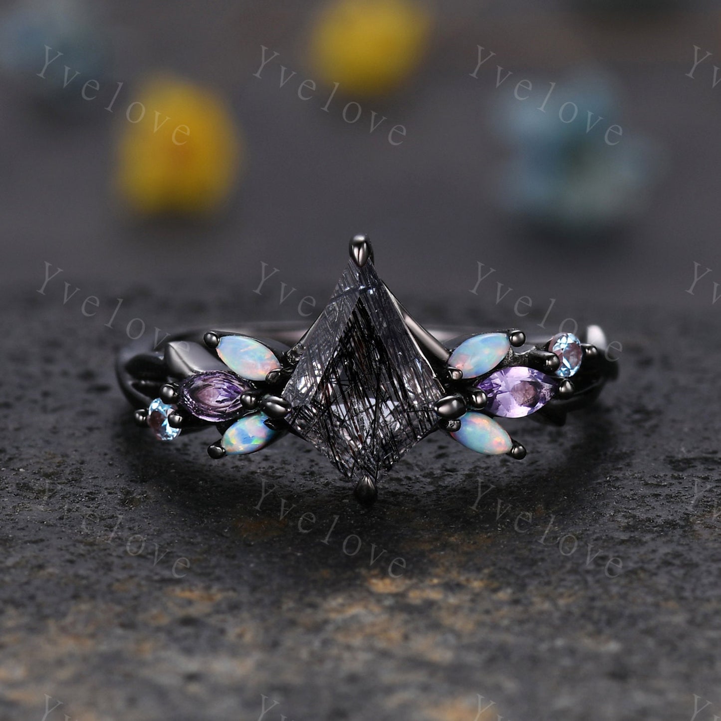 Vintage Kite Black Rutilated Quartz Engagement Ring Set,Black Gold,Vines Amethyst Opal Ring,Women Bridal Set,Unique Twig Promise Ring Gift
