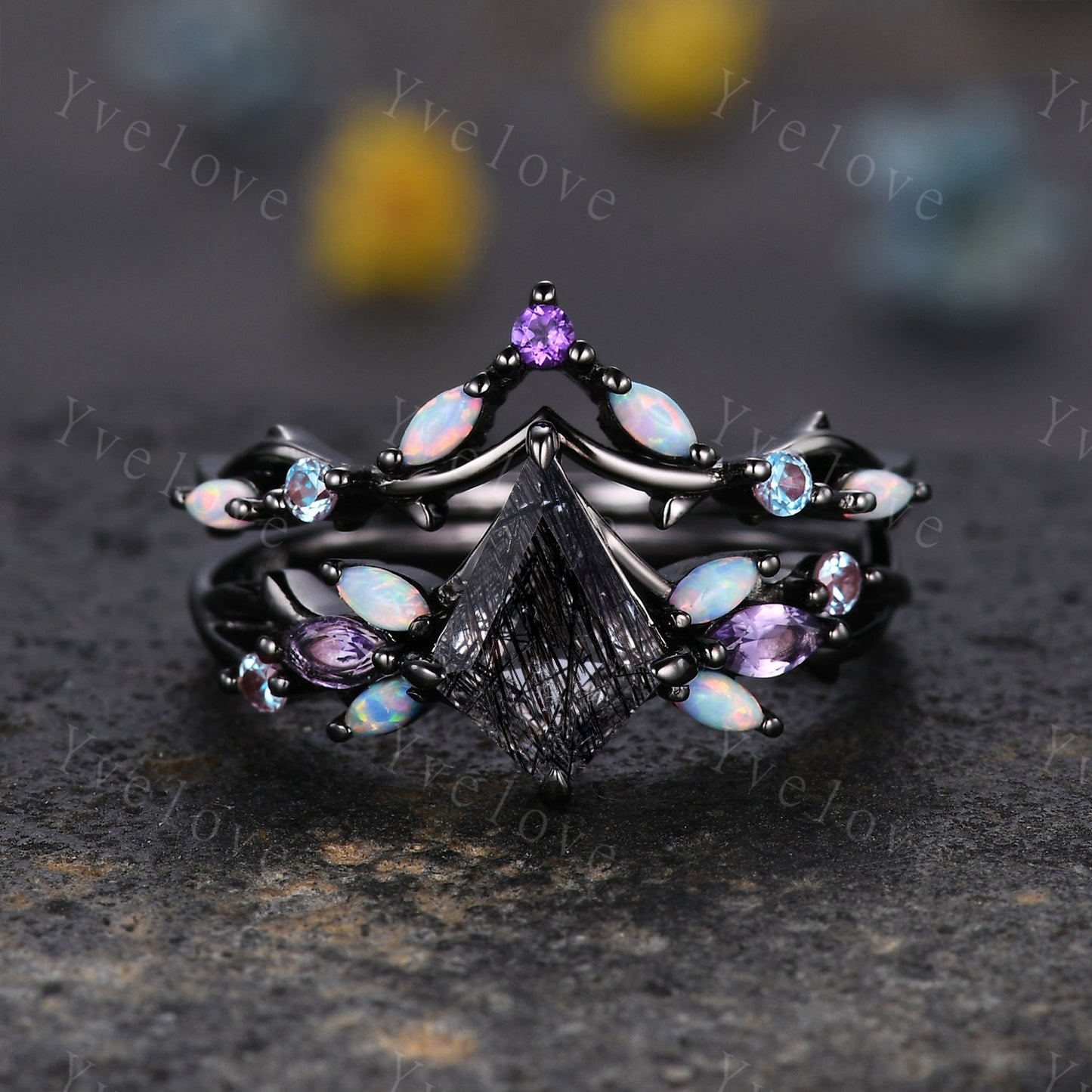 Vintage Kite Black Rutilated Quartz Engagement Ring Set,Black Gold,Vines Amethyst Opal Ring,Women Bridal Set,Unique Twig Promise Ring Gift