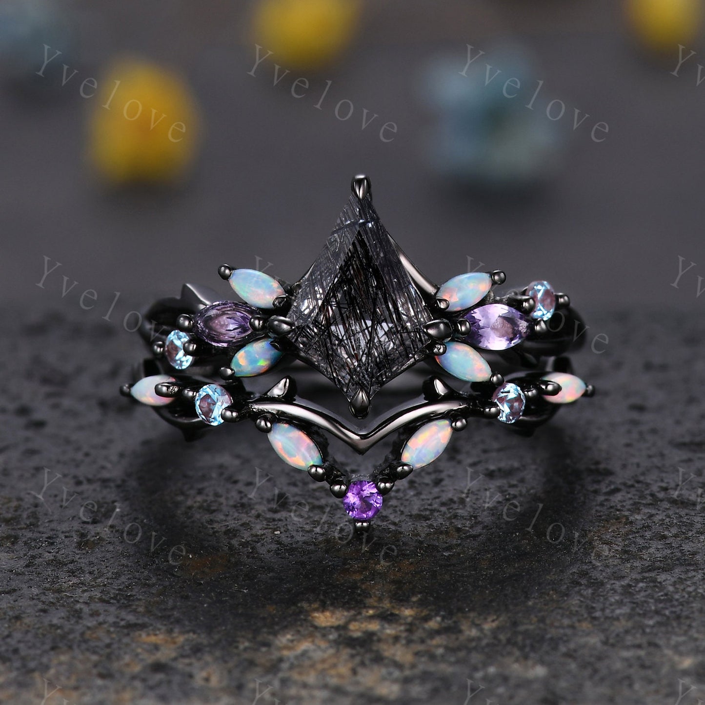 Vintage Kite Black Rutilated Quartz Engagement Ring Set,925 Silver,Vines Amethyst Opal Ring,Women Bridal Set,Unique Twig Promise Ring Gift