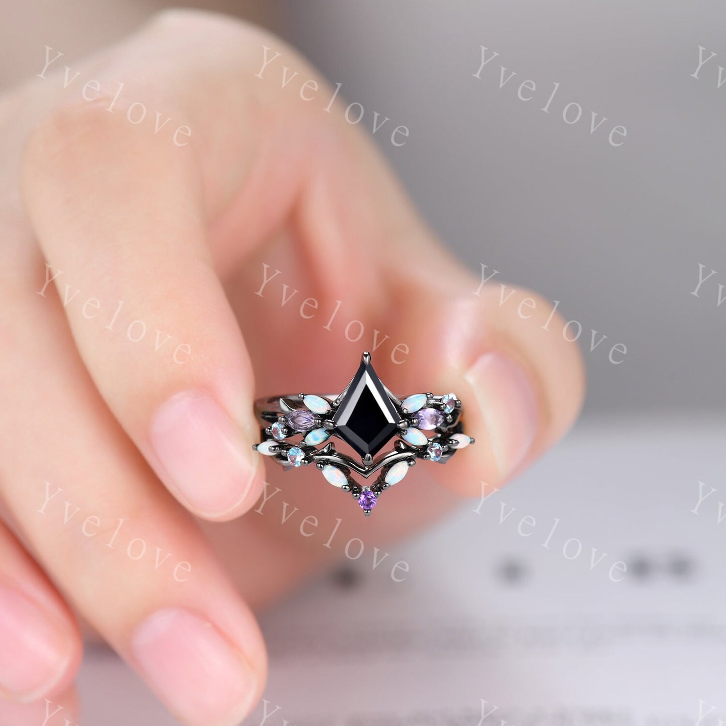Vintage Kite Black Rutilated Quartz Engagement Ring Set,Black Gold,Vines Amethyst Opal Ring,Women Bridal Set,Unique Twig Promise Ring Gift