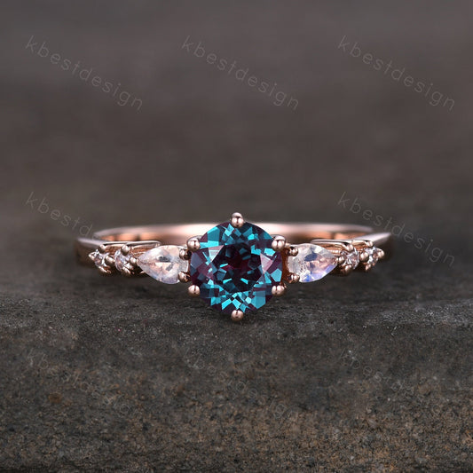 5mm round cut Alexandrite engagement ring rose gold ring unique pear shaped moonstone wedding ring June Birthstone ring promise ring