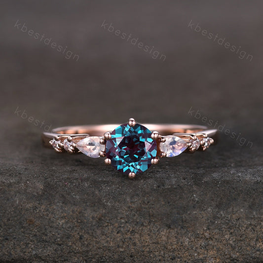 5mm round cut Alexandrite engagement ring rose gold ring unique pear shaped moonstone wedding ring June Birthstone ring promise ring