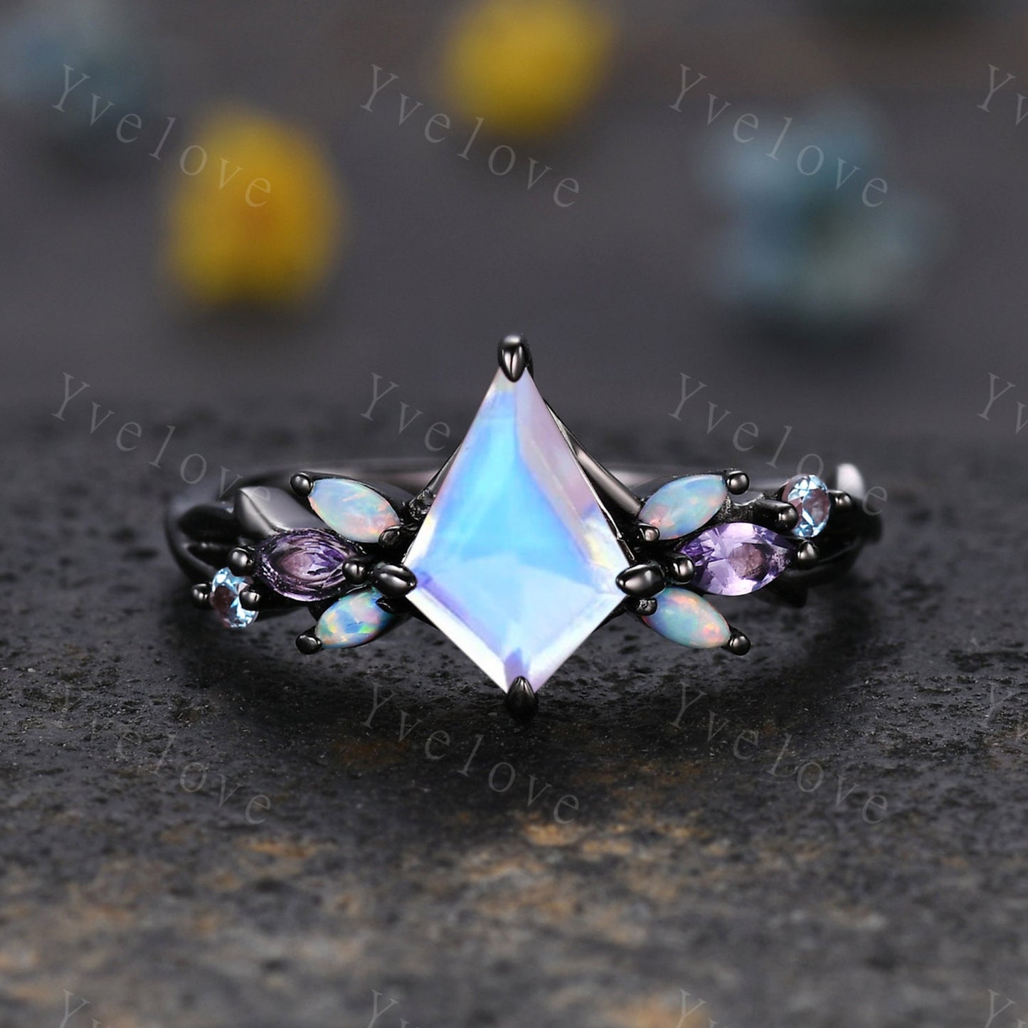 Vintage Kite Moonstone Engagement Ring Set,Black Gold,Vines Amethyst Opal Ring,Women Bridal Set,Unique Twig Anniversary Promise Ring Gift