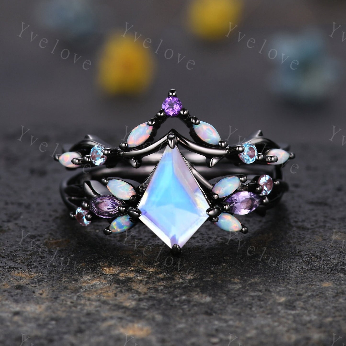 Vintage Kite Moonstone Engagement Ring Set,Black Gold,Vines Amethyst Opal Ring,Women Bridal Set,Unique Twig Anniversary Promise Ring Gift