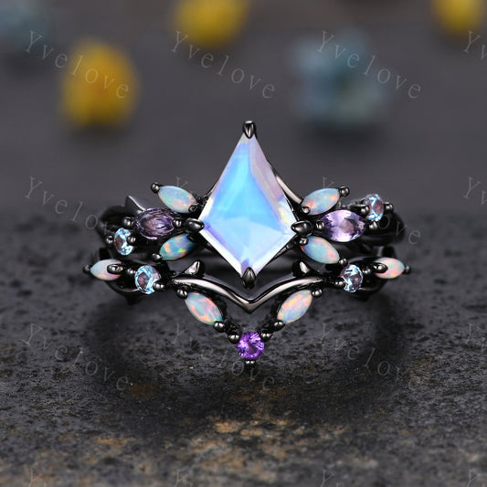 Vintage Kite Moonstone Engagement Ring Set,Black Gold,Vines Amethyst Opal Ring,Women Bridal Set,Unique Twig Anniversary Promise Ring Gift