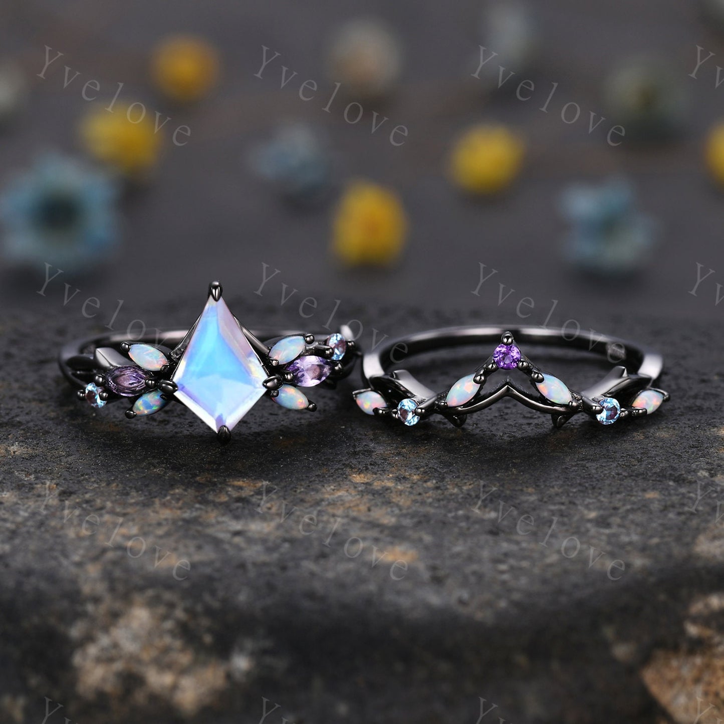 Vintage Kite Moonstone Engagement Ring Set,Black Gold,Vines Amethyst Opal Ring,Women Bridal Set,Unique Twig Anniversary Promise Ring Gift