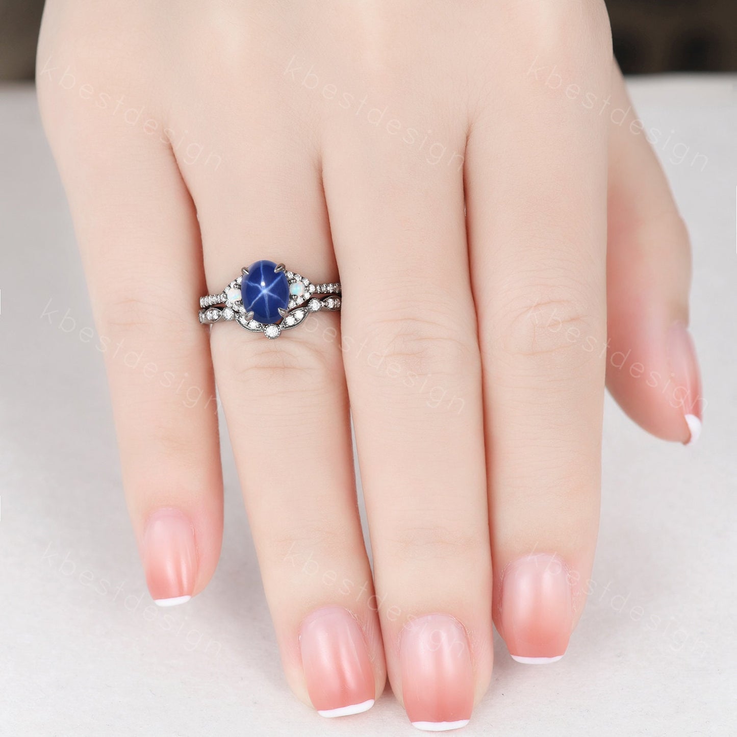 Gothic Black Gold Star Sapphire Engagement Ring Set, Black Gold Ring, Art Deco Oval Cut Bridal Set, Unique Rhodium Black Moissanite Ring