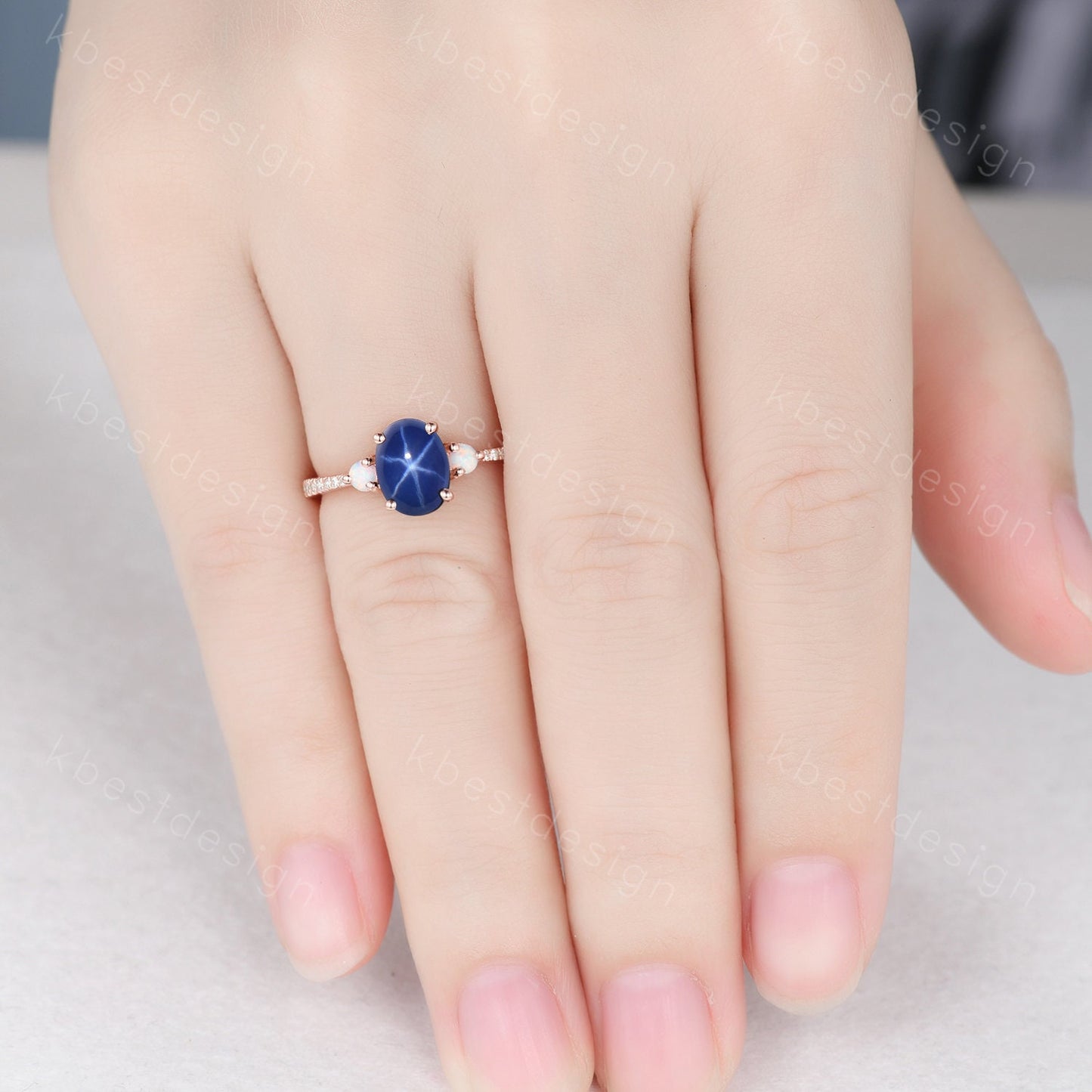 Star Sapphire Engagement Ring Oval Cut Galaxy Crystal Engagement Ring Rose Gold Opal Three stone Ring Unique Promise Ring September Ring
