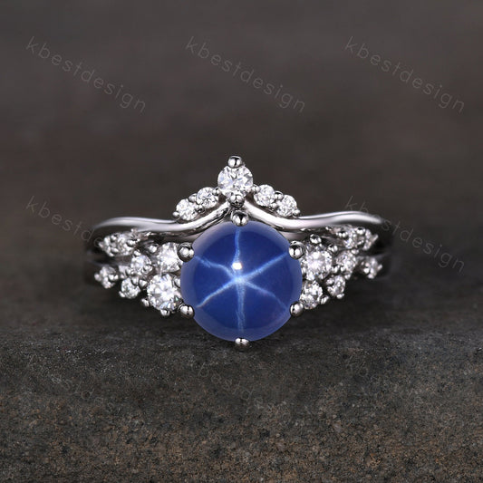 Unique Round Star Sapphire Engagement Ring set Women Sapphire Wedding Ring Cluster Blue Sapphire Ring Bridal Moissanite Wedding Ring