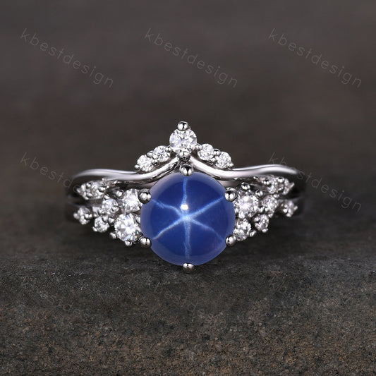 Unique Round Star Sapphire Engagement Ring set Women Sapphire Wedding Ring Cluster Blue Sapphire Ring Bridal Moissanite Wedding Ring