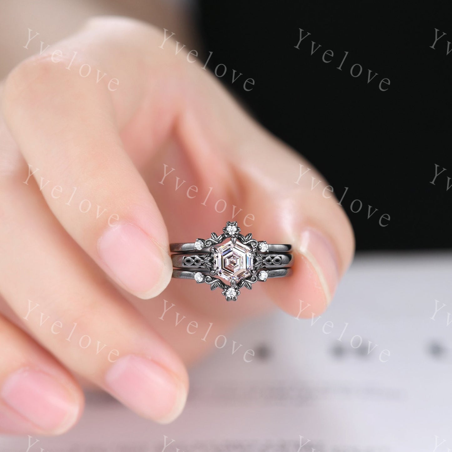 Hexagon Shaped Diamond Engagement Ring Set Platinum Vintage Lab Grown Diamond Wedding Ring Enhancer Band Art Deco Bridal  Ring Set For Women