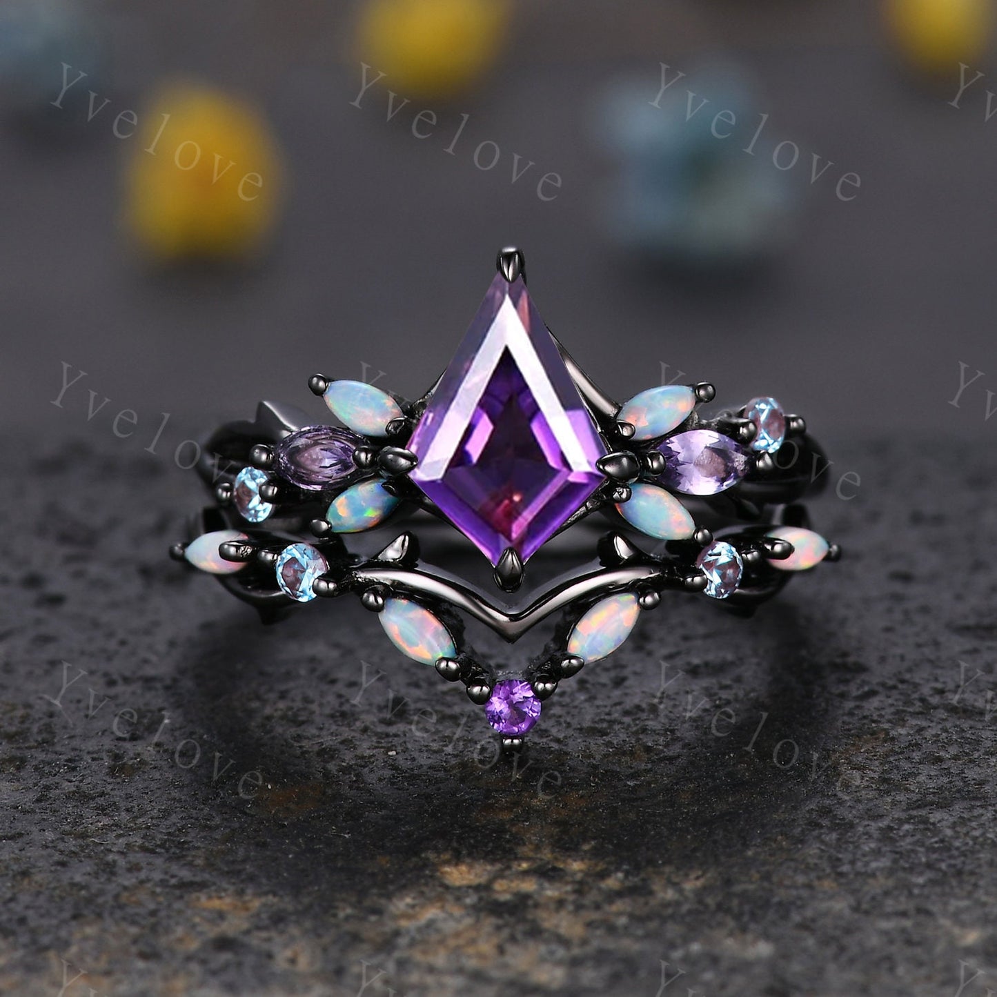 Vintage Kite Amethyst Engagement Ring,Sterling Silver,Vines Amethyst Opal Ring,Women Bridal Set,Unique Twig Anniversary Promise Ring Gift