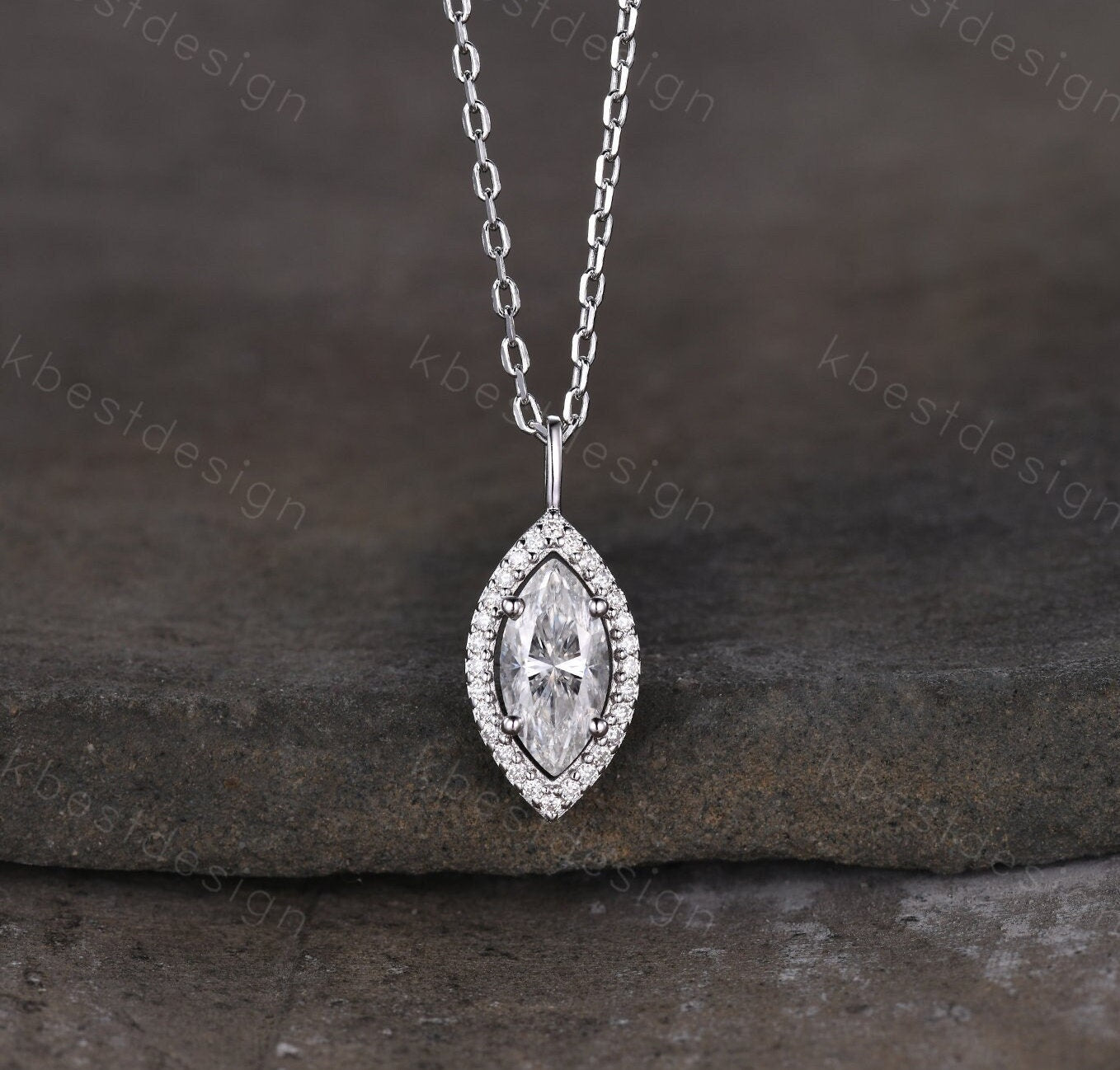 Marquise cut Moissanite necklace 14k solid gold halo moissanite diamond necklace pendant Vintage bridal anniversary gift for her