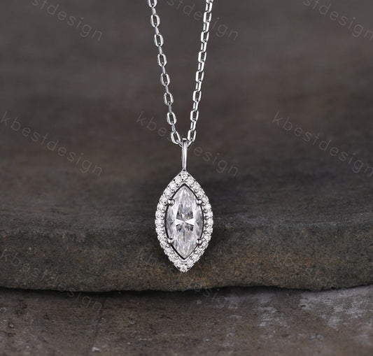Unique marquise cut Moissanite necklace white gold halo moissanite diamond necklace pendant women bridal anniversary gift