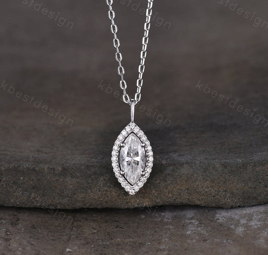 Unique marquise cut Moissanite necklace white gold halo moissanite diamond necklace pendant women bridal anniversary gift