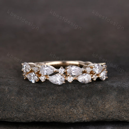 Unique Moissanite wedding band women Pear cut Half eternity band Yellow gold wedding band vintage twisted Stacking bridal ring promise ring