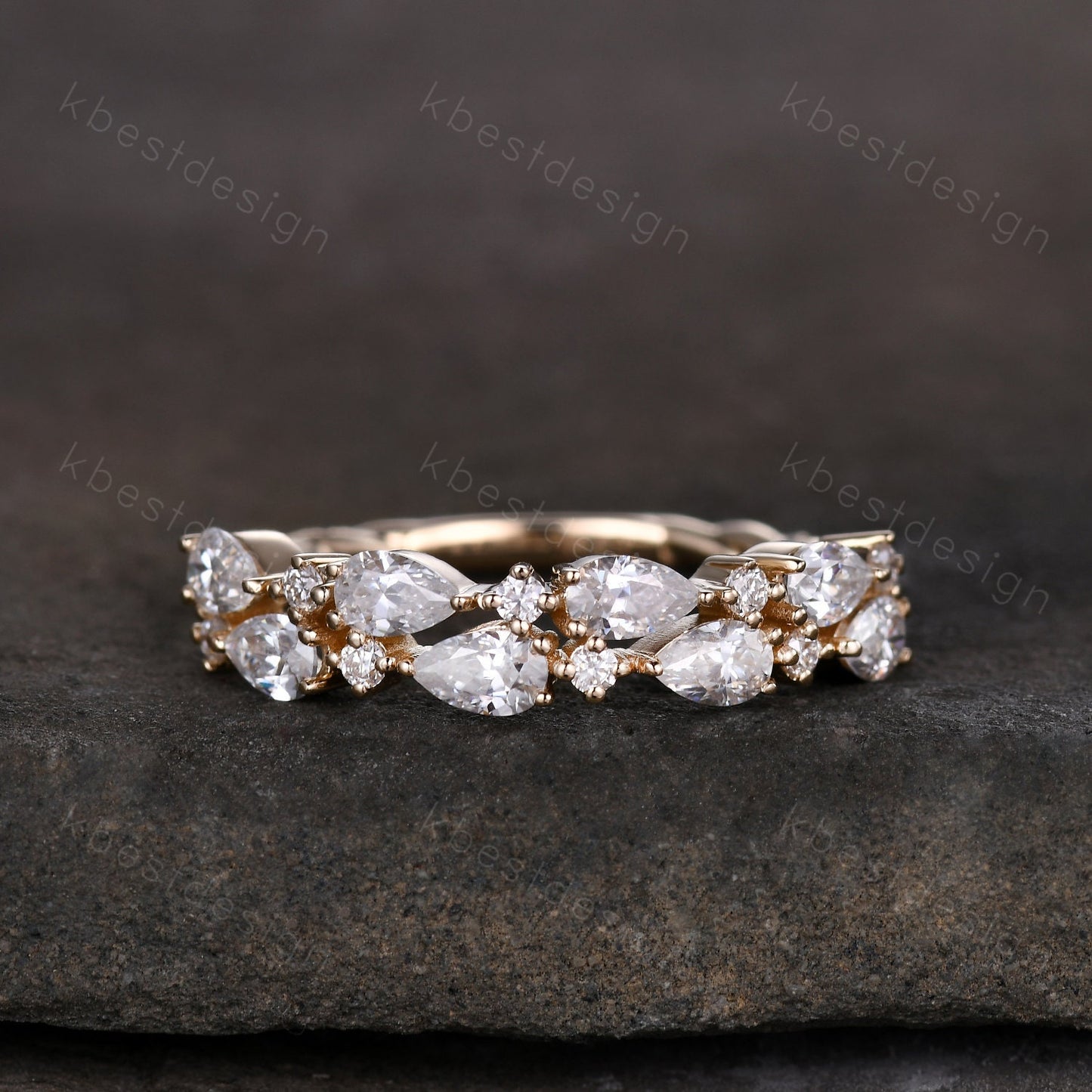 Vintage Moissanite wedding band women Pear cut Half eternity band Sterling silver wedding band Unique Stacking Matching bridal promise ring