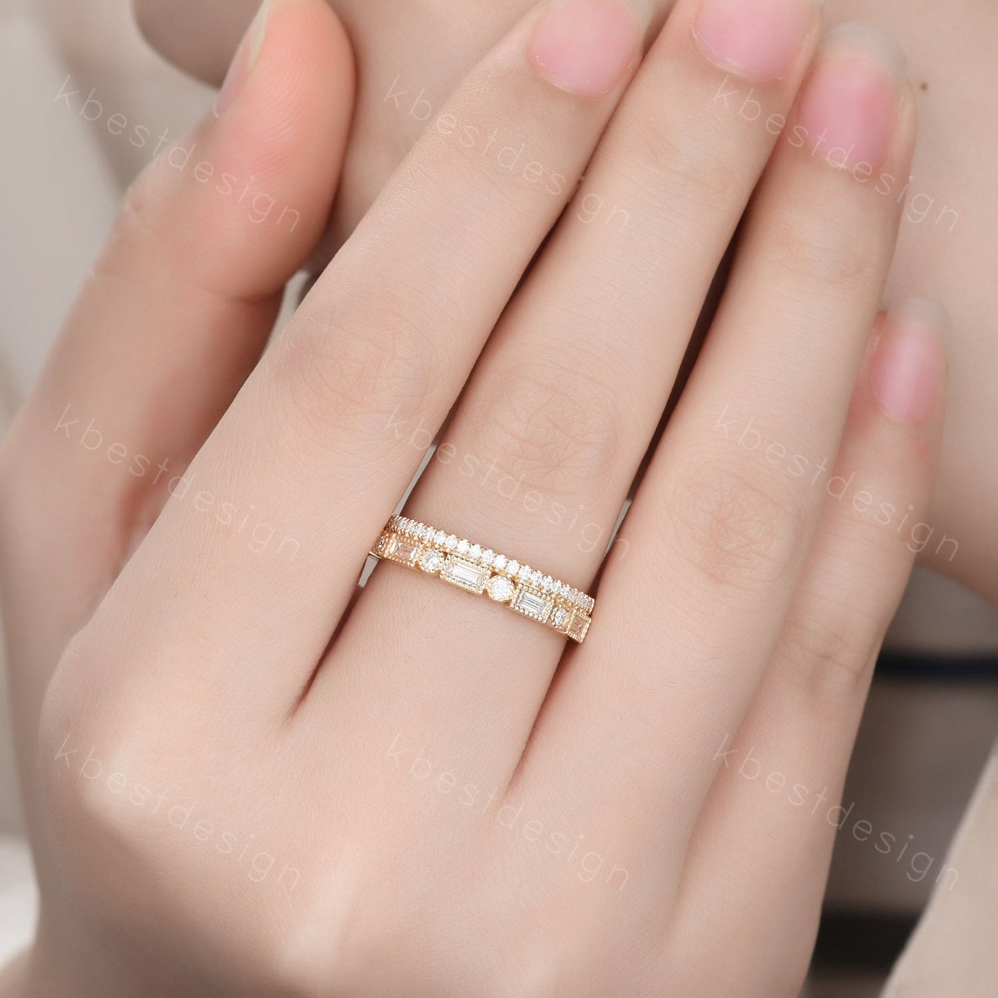 Vintage Moissanite wedding band women Baguette cut Half eternity band Yellow gold wedding band Unique Stacking Matching bridal promise ring