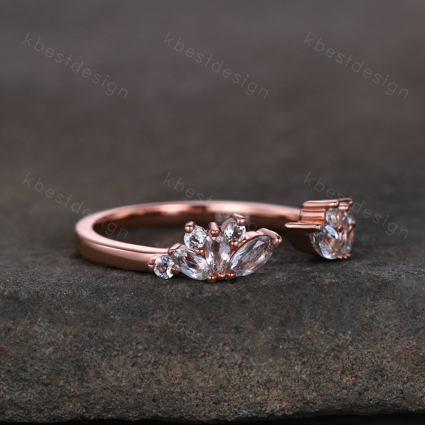 Delicate Aquamarine Wedding Band Rose Gold Open ring vintage petal wedding ring Delicate Stacking matching curved wedding band bridal ring