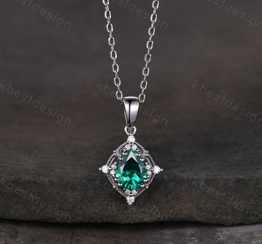 Emerald Necklace, Women Silver Necklace, Vintage Birthstone Necklace, Pear Emerald Pendant, May Birthstone Jewelry, Gift for Her, Art Deco