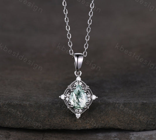 Pear cut natural moss agate necklace women sterling silver necklace pear cut green agate pendant unique art deco bridal promise gift