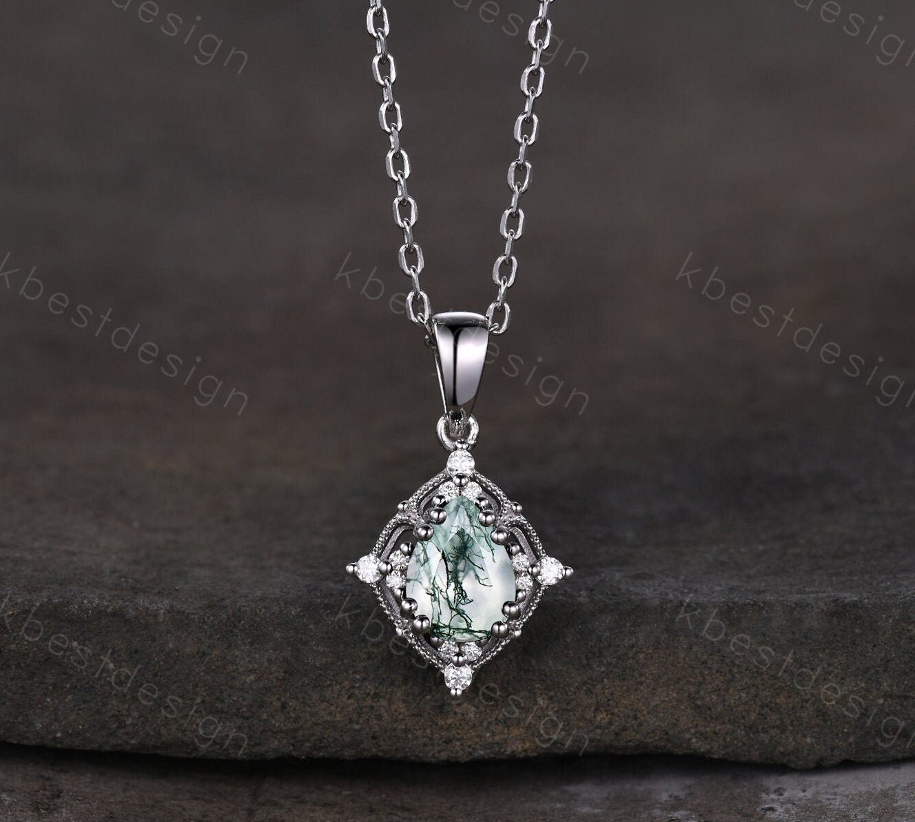 Pear cut natural moss agate necklace women sterling silver necklace pear cut green agate pendant unique art deco bridal promise gift