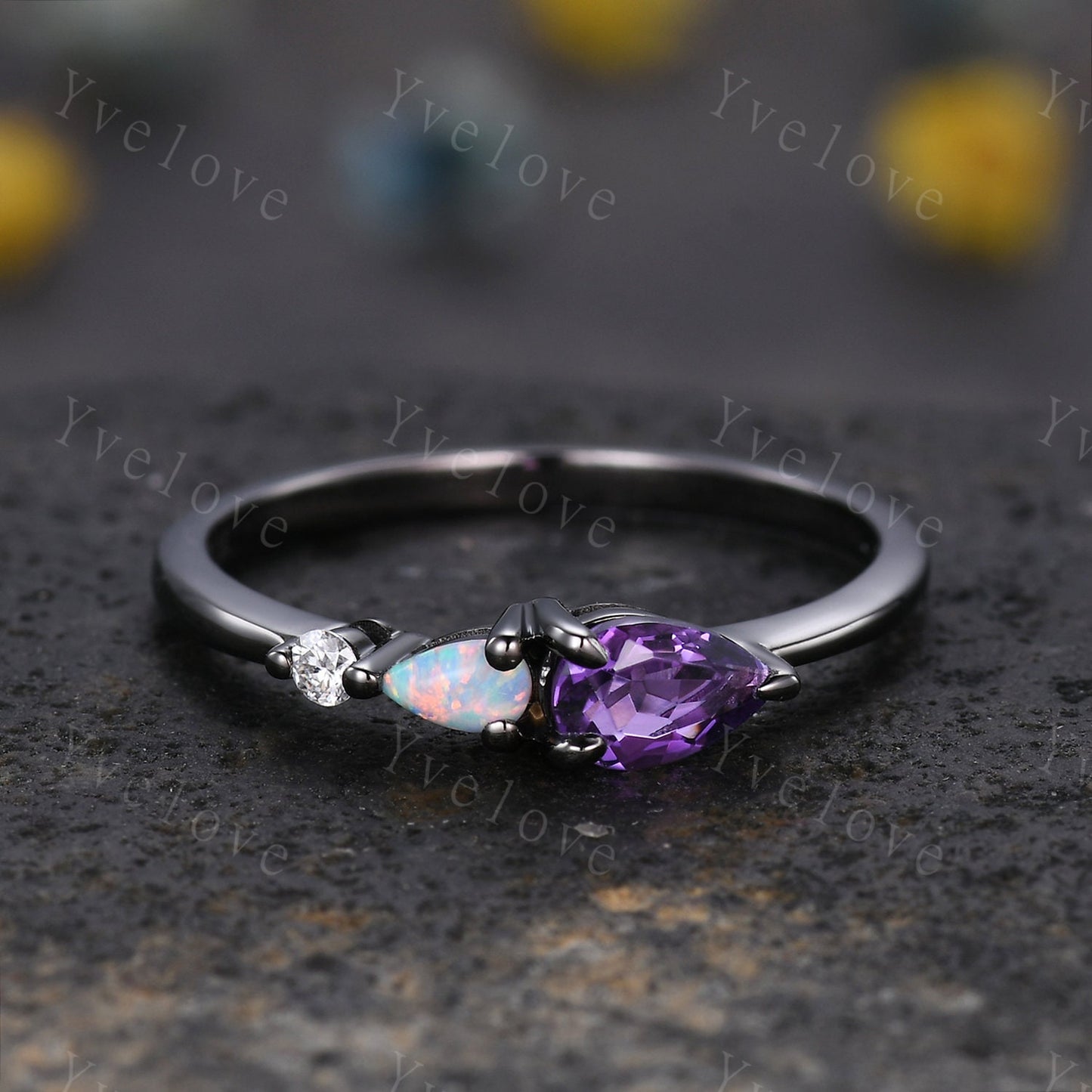 Vintage Amethyst Natural Opal Engagement Ring,Pear Cut Gems,Art Deco Diamond Wedding Band,3 Stone Unique Women Rose Gold Bridal Promise Ring