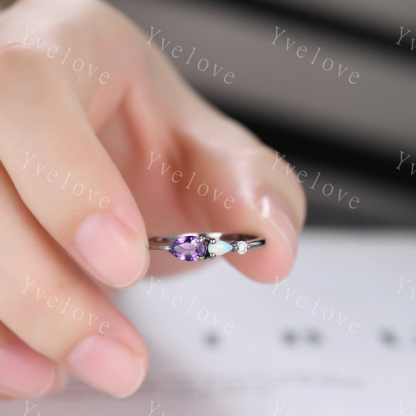 Vintage Amethyst Natural Opal Engagement Ring,Pear Cut Gems,Art Deco Diamond Wedding Band,3 Stone Unique Women Rose Gold Bridal Promise Ring