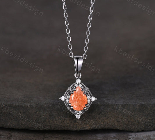 Pear cut Sunstone Necklace Antique Art Deco Moissanite Pendant Necklace 14K White Gold Necklace for Women Birthday/Promise Gift for Her