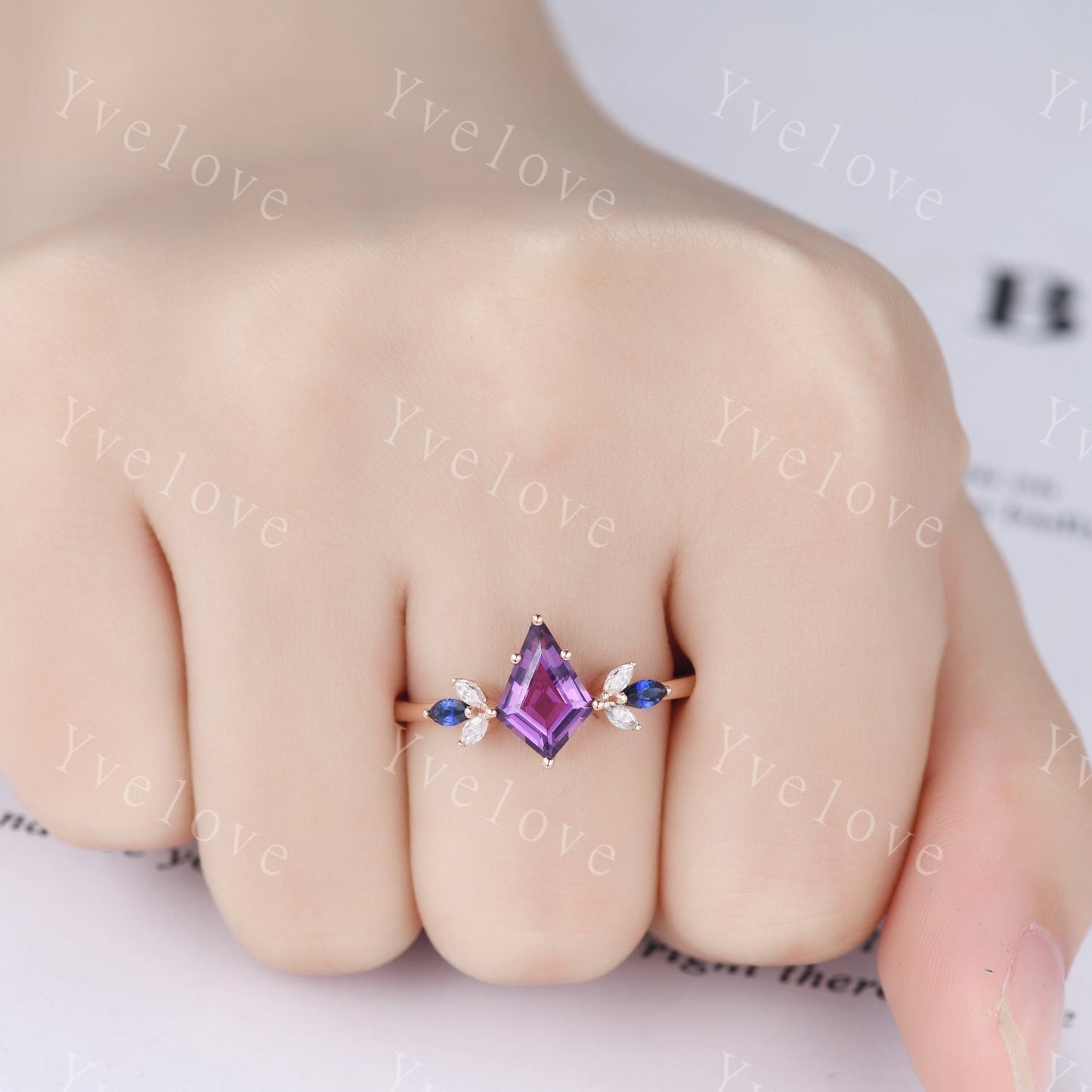 Vintage Kite Shaped Amethyst Engagement Ring Rose Gold Women Unique Moissanite Blue Sapphire Gem Matching Band Promise Bridal Stacking Ring