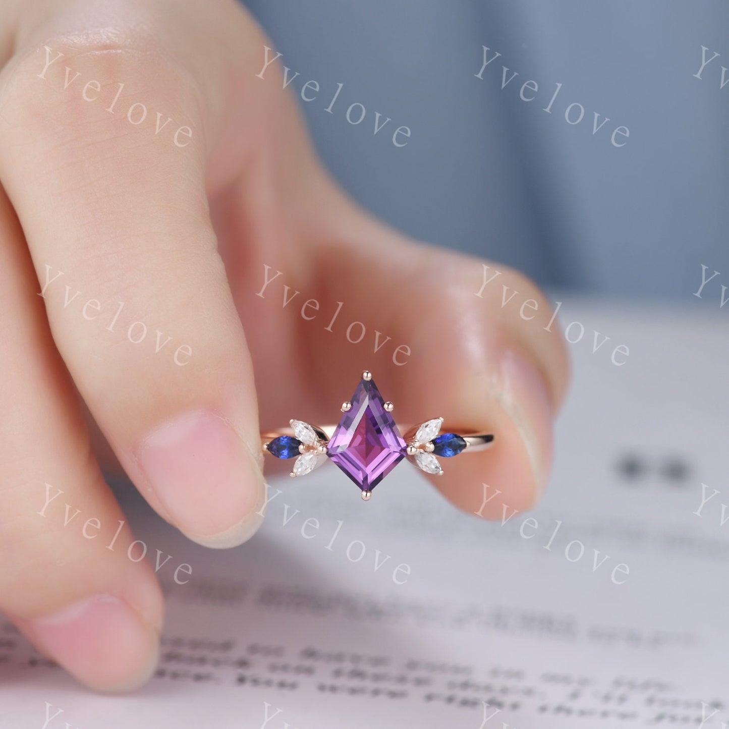 Vintage Kite Shaped Amethyst Engagement Ring Rose Gold Women Unique Moissanite Blue Sapphire Gem Matching Band Promise Bridal Stacking Ring