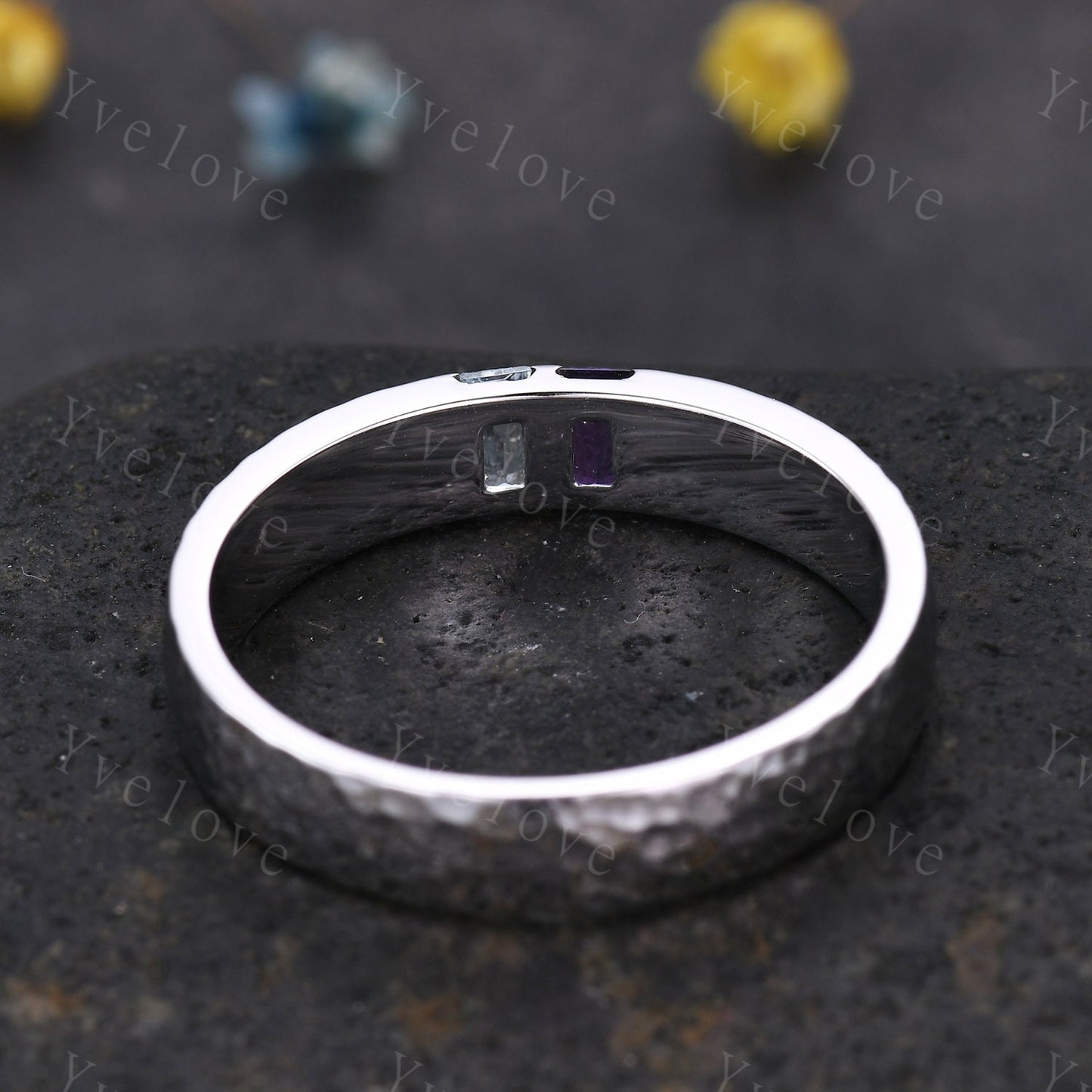 Mens Amethyst Aquamarine Wedding Band Baguette Cut Amethyst Band 5mm Aquamarine Ring Mens Hammered Stacking Matching Band Retro Vintage Gift