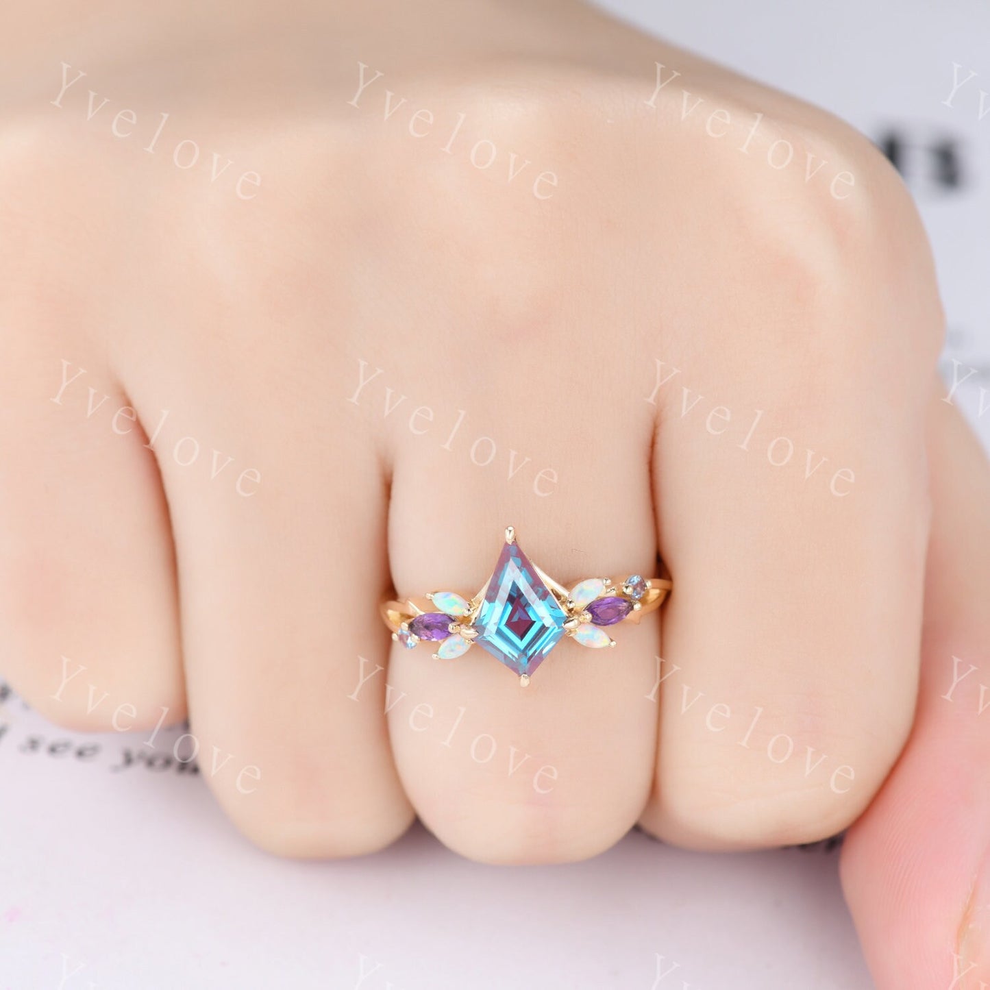Vintage Kite Alexandrite Engagement Ring,Solid Gold,Vines Amethyst Opal Ring,Unique Matching Band Promise Bridal Stacking Ring Gift for her