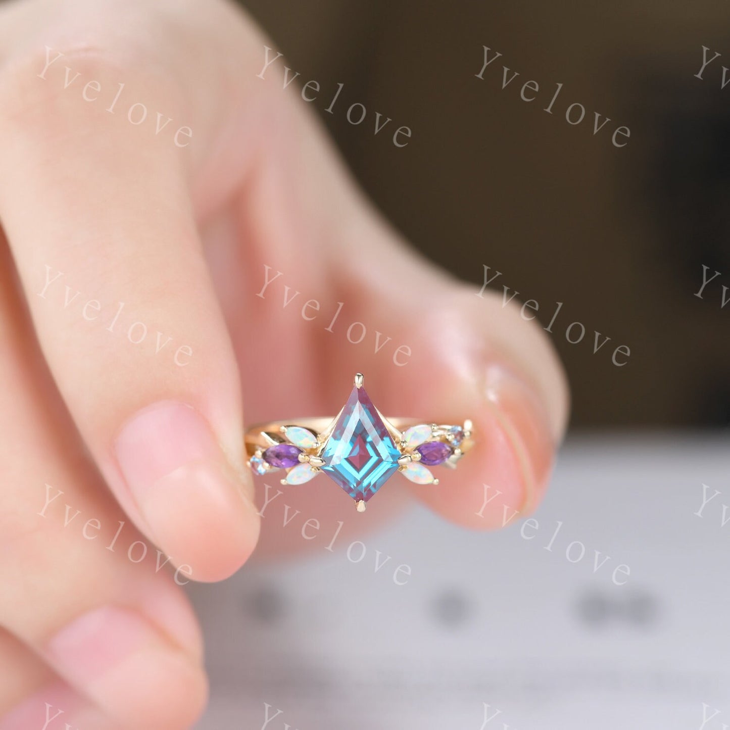 Vintage Kite Alexandrite Engagement Ring,Solid Gold,Vines Amethyst Opal Ring,Unique Matching Band Promise Bridal Stacking Ring Gift for her