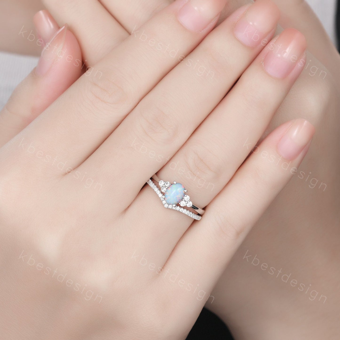 Dainty opal engagement ring set oval cut white fire opal bridal ring set curve stacking band opal jewelry unique moissanite wedding ring set