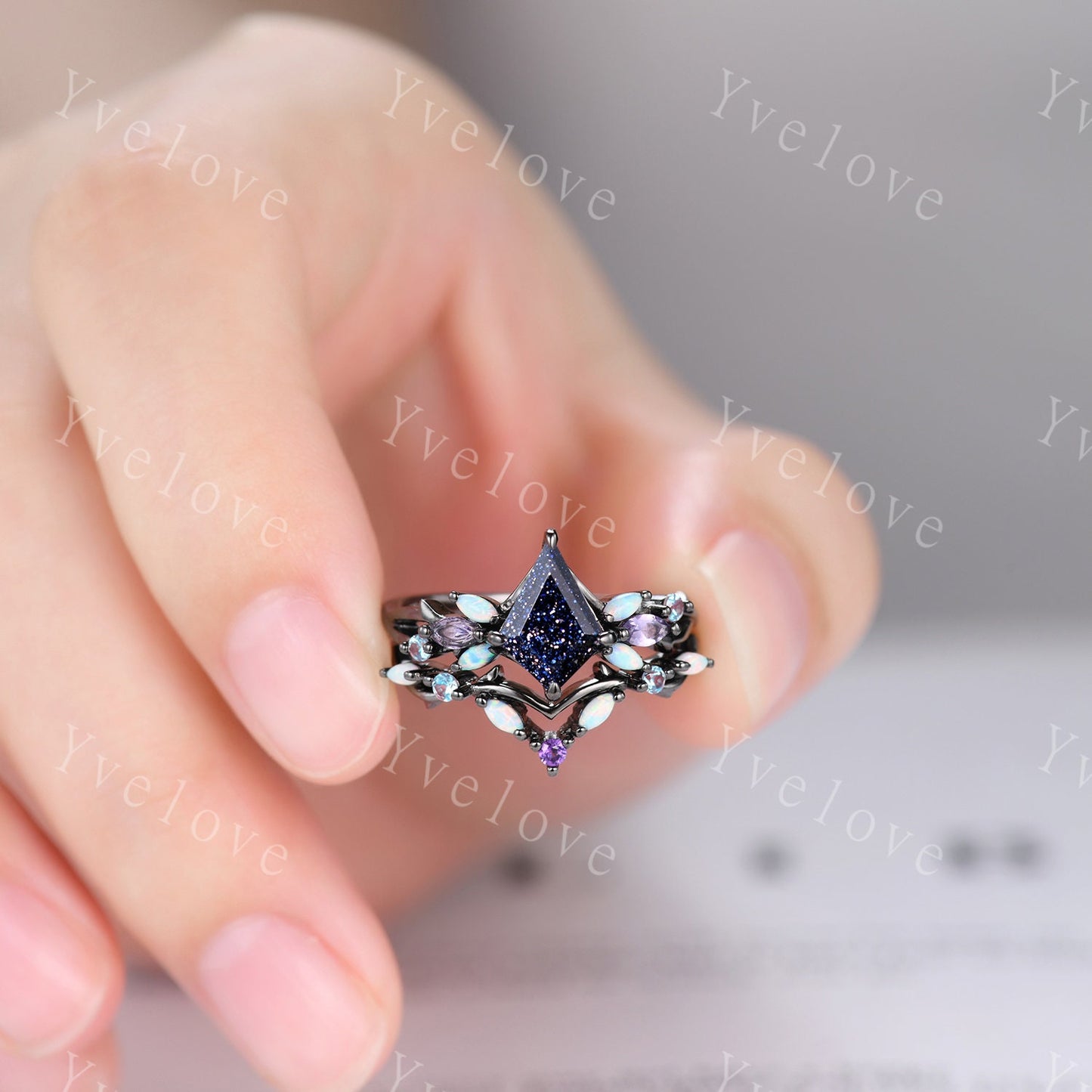 3PCS Vintage Kite Sandstone Engagement Ring Set,Black Gold,Vines Amethyst Opal Ring,Women Bridal Set,Unique Twig Anniversary Promise Gift