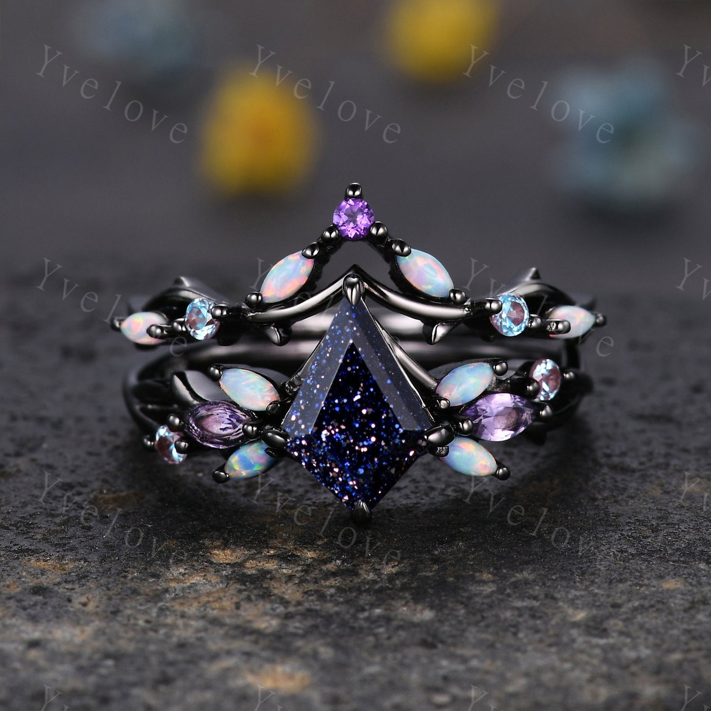 Vintage Kite Sandstone Engagement Ring Set,Black Gold,Vines Amethyst Opal Ring,Women Bridal Set,Unique Twig Anniversary Promise Ring Gift
