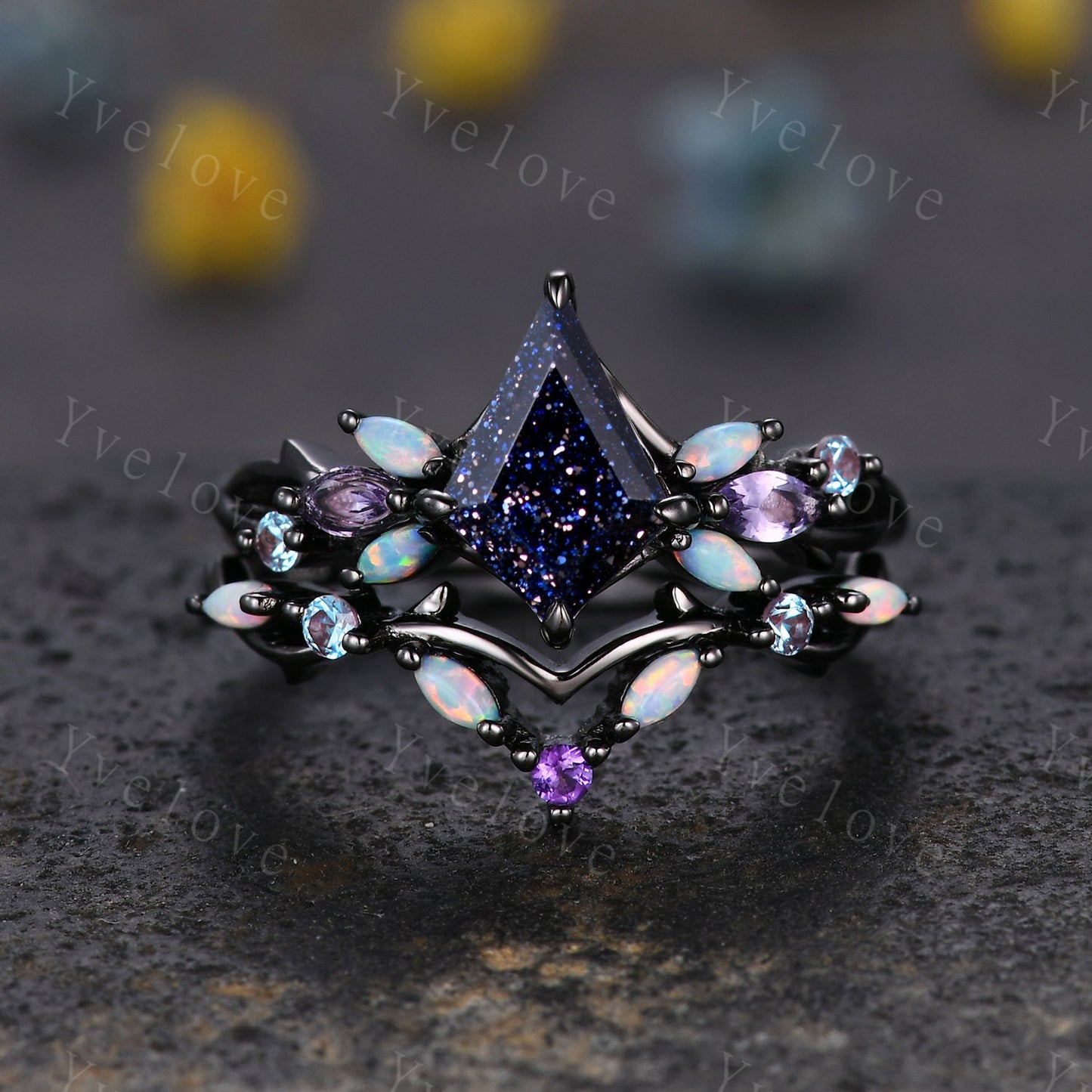 3PCS Vintage Kite Sandstone Engagement Ring Set,Black Gold,Vines Amethyst Opal Ring,Women Bridal Set,Unique Twig Anniversary Promise Gift
