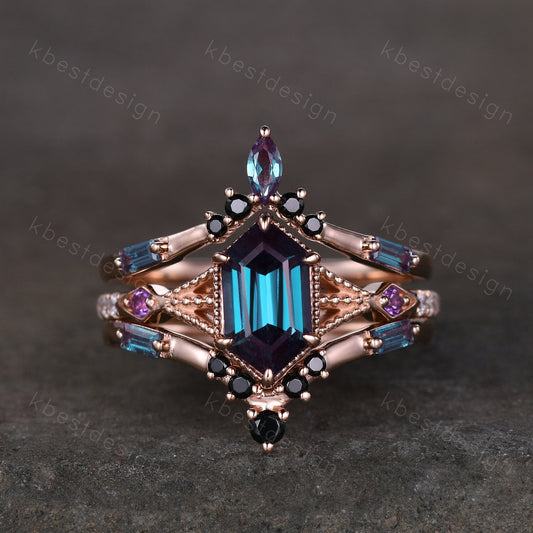 Antique Alexandrite Engagement Ring Set Hexagon cut Engagement Ring Unique Art Deco Black Spinel Stacking Matching Band Bridal Promise Set